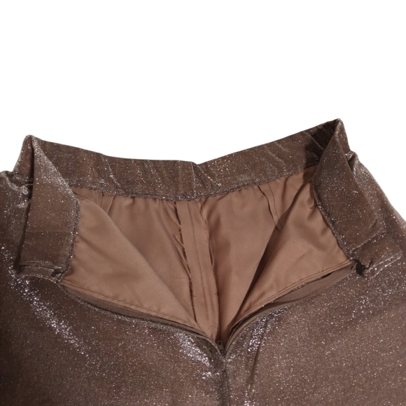 Brown Satin Shimmer 2 Piece Set Belted Blouse Wide Leg Pants Mob Wife Glam - Picture 11 of 12